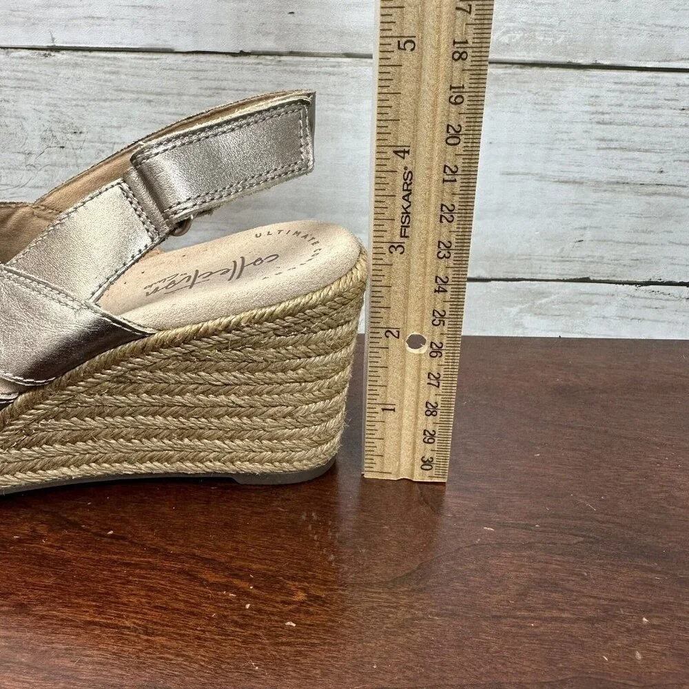 Clarks Collection Women's Espadrille Wedge Sling Back Heels Size 7.5 M Rope Gold